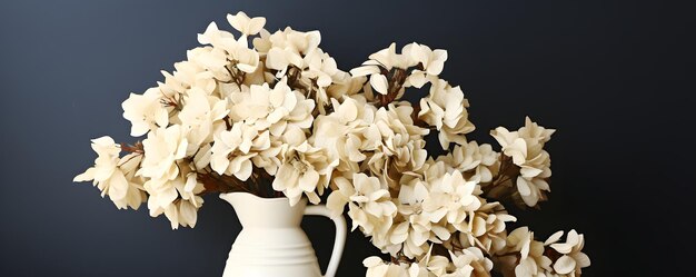 Bouquet de fleurs d'hortensia séchées dans un vase d'argile blanche