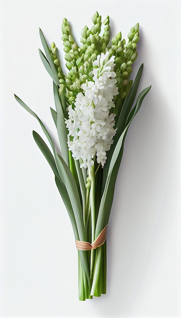 Un bouquet de fleurs de jacinthe avec une ficelle nouée autour.