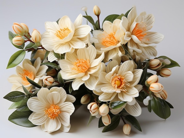 Bouquet de fleurs de jasmin avec des feuilles vertes isolées sur un fond blanc