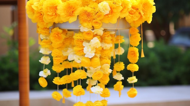 un bouquet de fleurs jaunes et blanches suspendues à un poteau