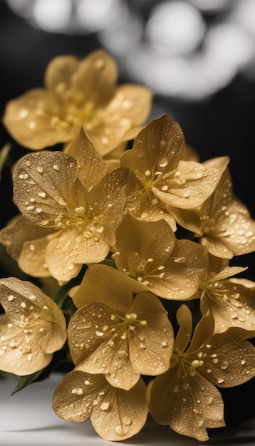 un bouquet de fleurs jaunes avec des gouttes de pluie dessus.