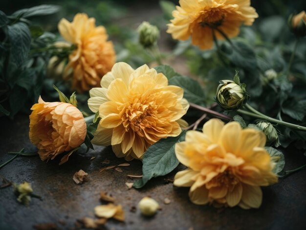 un bouquet de fleurs jaunes sur une table avec des feuilles et des fleurs autour d'elles