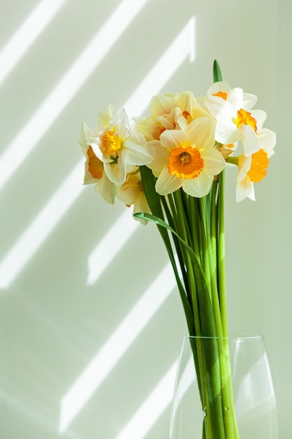 Un bouquet de fleurs de jonquilles dans un vase sur le rebord de la fenêtre dans les rayons du soleil printanier