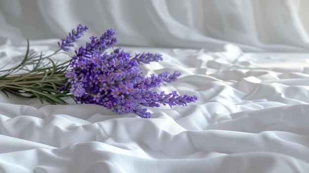 Un bouquet de fleurs de lavande sur un tissu blanc