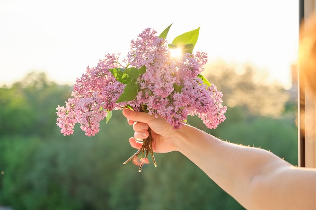 Bouquet de fleurs lilas dans la main de la femme