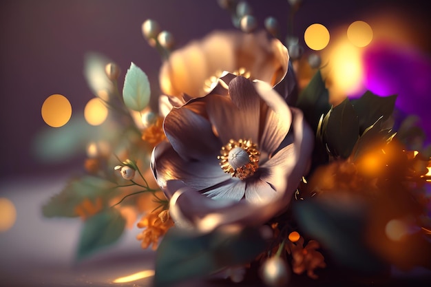 Bouquet de fleurs avec des lumières en arrière-plan Generative AI