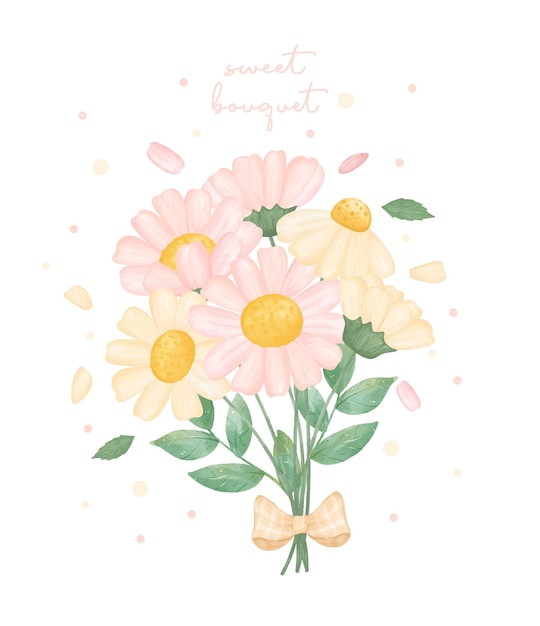 Bouquet de fleurs de marguerite crème rose et blanc aquarelle mignon avec main de feuille verte dessiner illustration vecteur