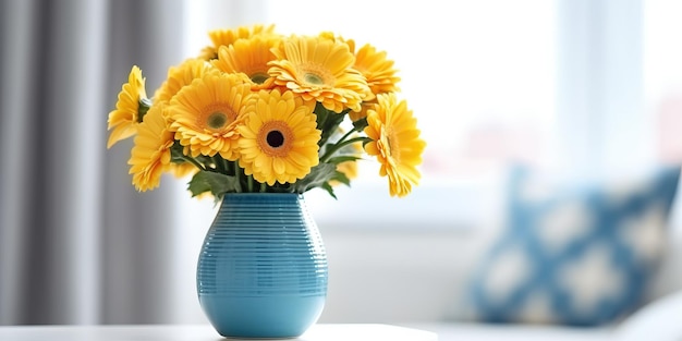 Bouquet de fleurs de marguerites gerbera jaunes en couleur vase bleu