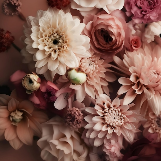 Un bouquet de fleurs de mariage avec un fond rose