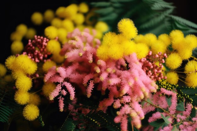 Un bouquet de fleurs de mimosa dans différentes nuances de jaune et de rose