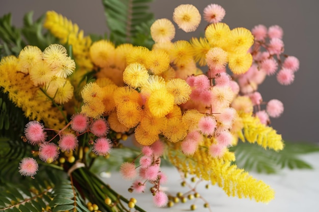 Un bouquet de fleurs de mimosa dans différentes nuances de jaune et de rose