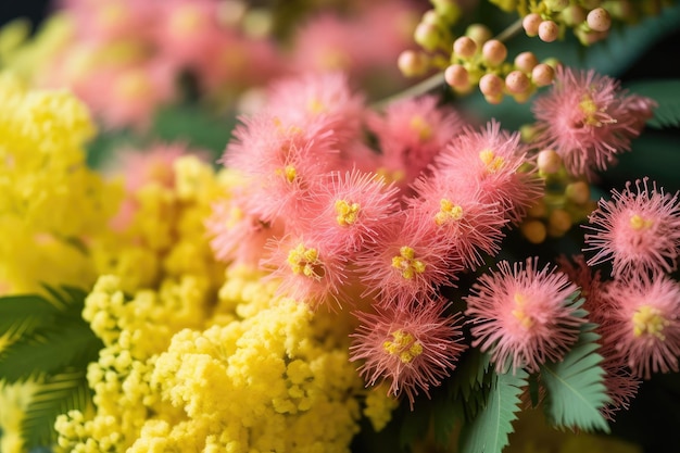 Un bouquet de fleurs de mimosa dans différentes nuances de jaune et de rose