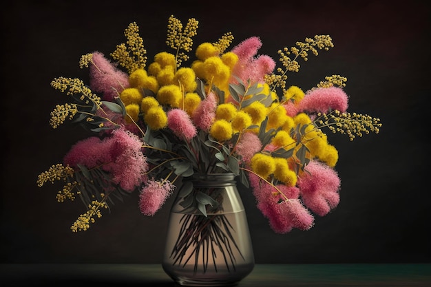 Un bouquet de fleurs de mimosa dans des tons de rose et de jaune disposés astucieusement dans un vase créé avec ge