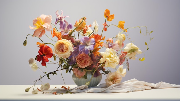 Un bouquet de fleurs sur une nappe blanche