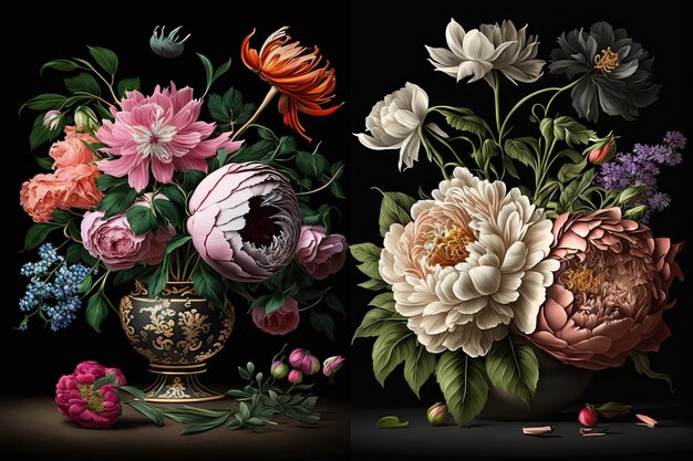Bouquet de fleurs nature morte dans un vase vintage Anciens maîtres hollandais Imitation Illustration IA générative abstraite
