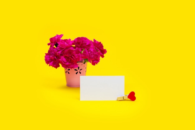 Bouquet Fleurs d'oeillet rose avec carte sur backgraund jaune.