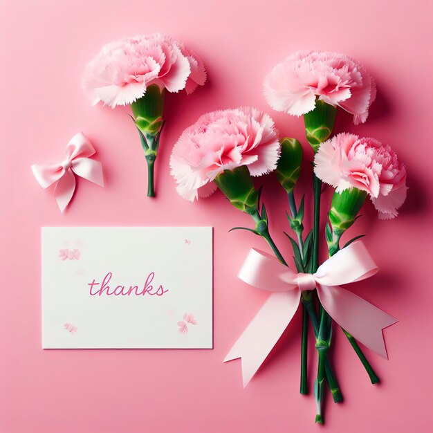 Bouquet de fleurs d'ongle frais avec une carte-cadeau de remerciement blanche