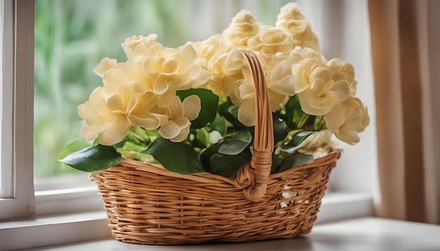 Photo bouquet de fleurs d'or dans un panier de osier près de la fenêtre