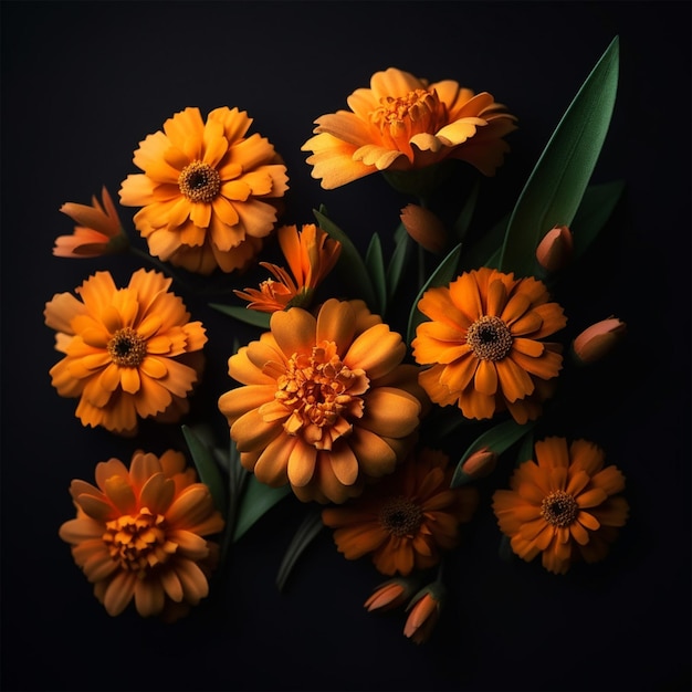 Un bouquet de fleurs d'orange sur un fond sombre