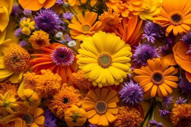 Un bouquet de fleurs orange et violet avec une fleur orange