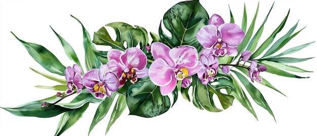 Photo un bouquet de fleurs d'orchidées tropicales et de feuilles vertes est illustré à l'aquarelle sur un fond blanc