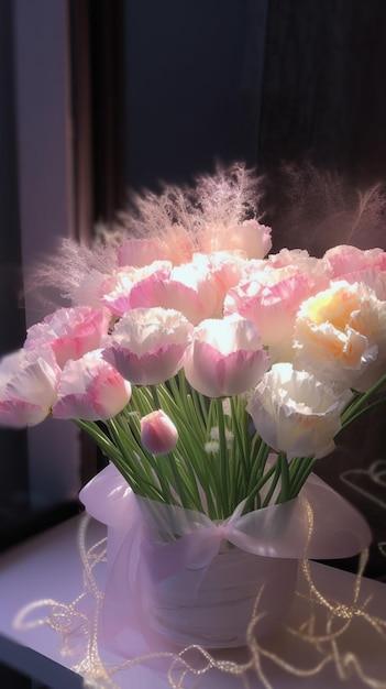Un bouquet de fleurs avec une pancarte qui dit "tulipes" dessus.