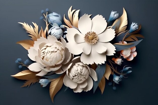 un bouquet de fleurs en papier sur une surface bleue