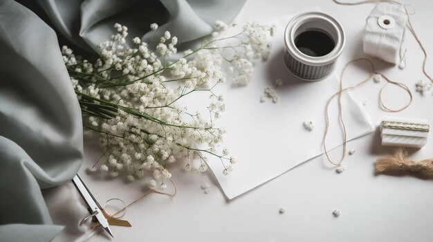 Un bouquet de fleurs et un papier sur une table