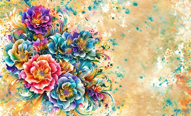 Photo bouquet de fleurs peint numériquement décoré d'un fond abstrait à l'aquarelle