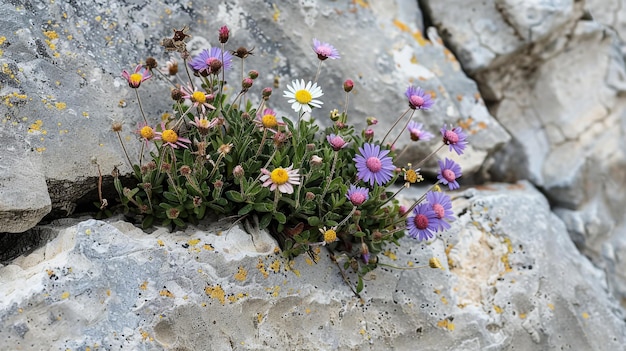 un bouquet de fleurs pousse à partir d'une roche