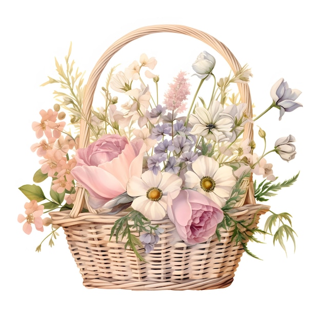 Photo bouquet de fleurs de prairie à l'aquarelle dans le panier en osier arrière-plan de fleurs