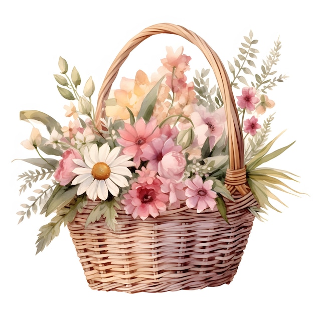 Photo bouquet de fleurs de prairie à l'aquarelle dans le panier en osier arrière-plan de fleurs