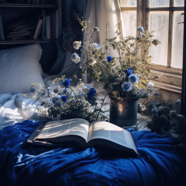 Un bouquet de fleurs de prairie et de vieux livres sur un rebord de fenêtre en bois