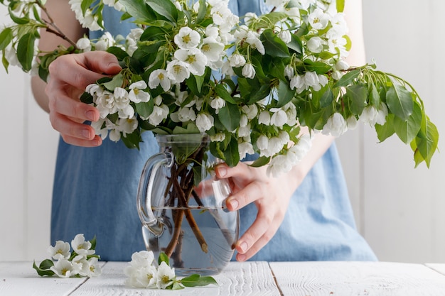 Bouquet de fleurs de printemps dans les mains d'une jeune fille sur fond de robe bleue. Pommier en fleurs au printemps