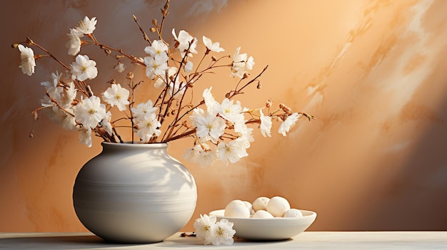 Bouquet de fleurs de printemps dans un vase sur les ombres de la table sur l'espace de copie du mur