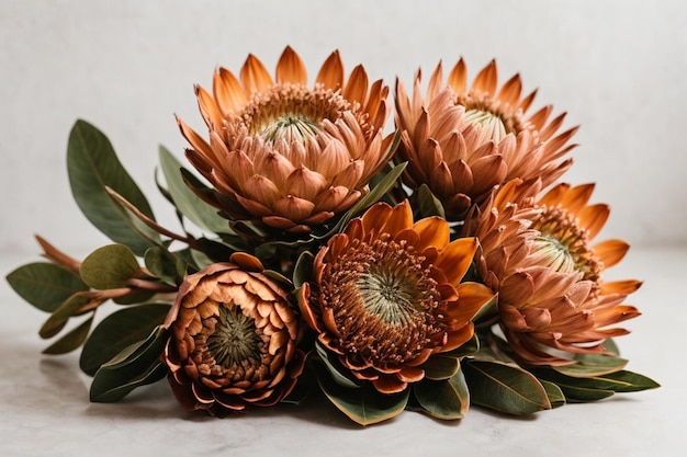 Photo bouquet de fleurs de protéa brune isolé sur un fond blanc