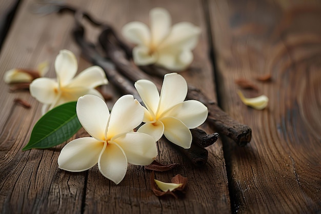 Un bouquet de fleurs qui sont sur une table avec un morceau de bois et un morceaux de vanille un stock