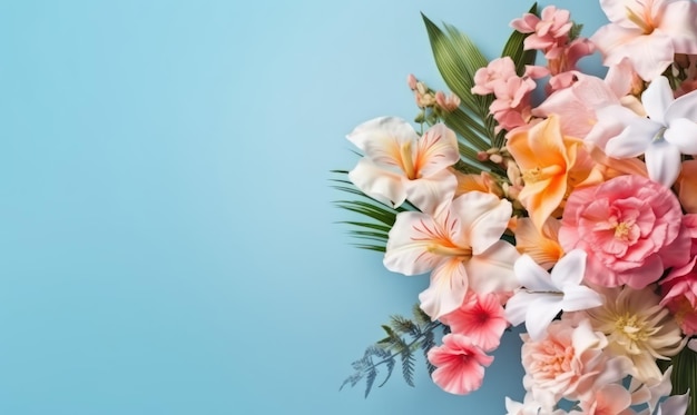 Un bouquet de fleurs romantique sur fond bleu avec espace de copie vide Concept de fête des mères Vue latérale Créé avec des outils d'IA génératifs