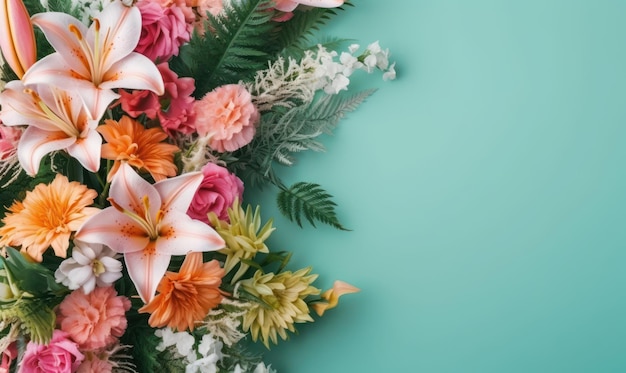 Un bouquet de fleurs romantique sur un fond vert avec un espace de copie vide Concept de la fête des mères Vue latérale Créé avec des outils d'IA génératifs