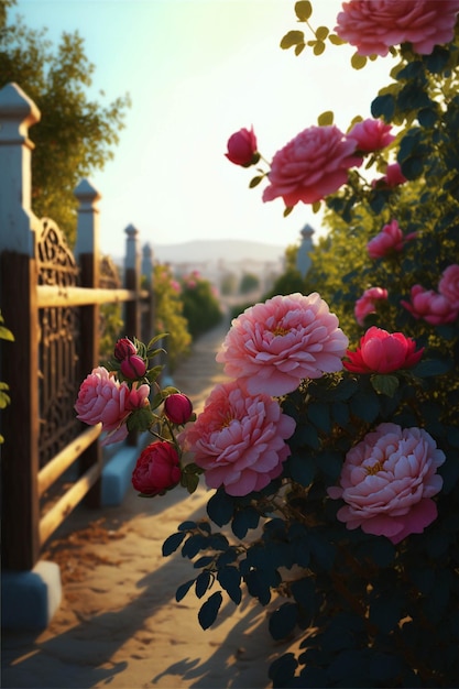 Bouquet de fleurs roses assis sur le côté d'une IA générative de route