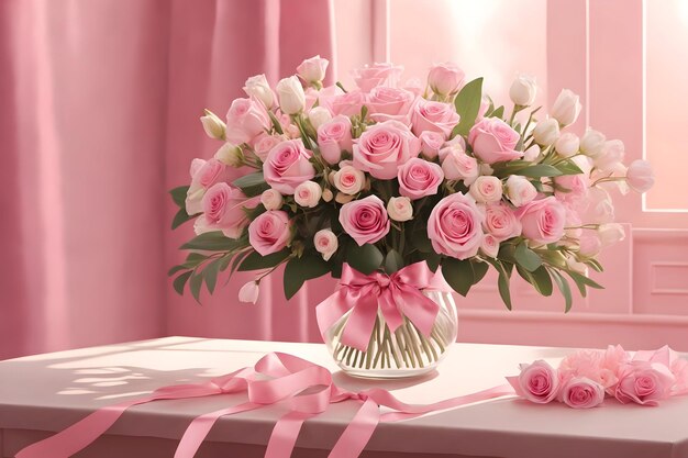 Un bouquet de fleurs roses et blanches attachées avec un ruban rose sur un fond rose