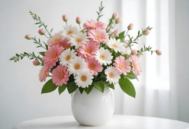 Un bouquet de fleurs roses et blanches dans un vase blanc sur un fond clair