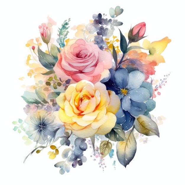 Un bouquet de fleurs avec des roses bleues et jaunes.