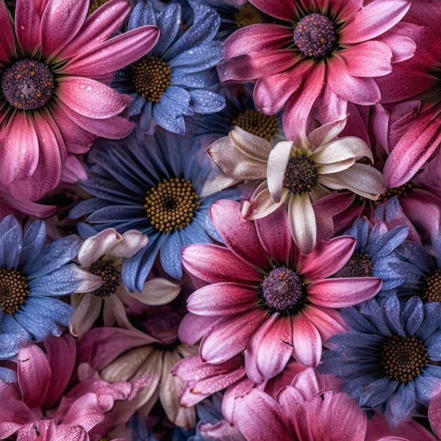 Un bouquet de fleurs roses et bleues