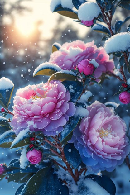 Photo bouquet de fleurs roses couvertes de neige générative ai