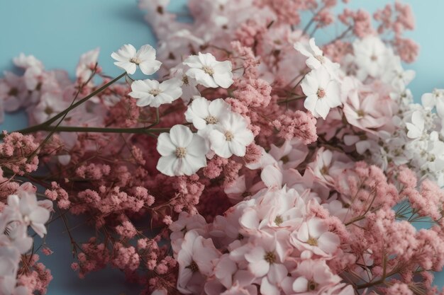 Un bouquet de fleurs roses avec des fleurs blanches sur fond bleu