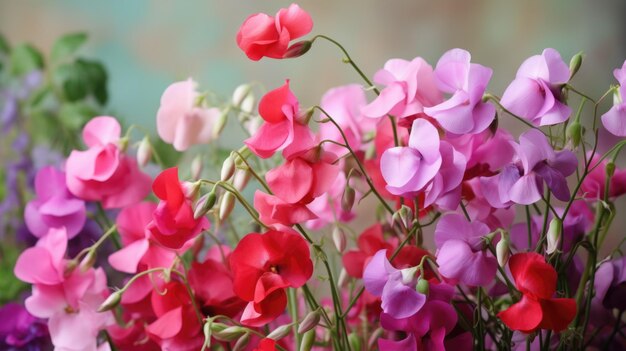 Un bouquet de fleurs roses et violettes dans un vase fleurs de printemps pois sucré