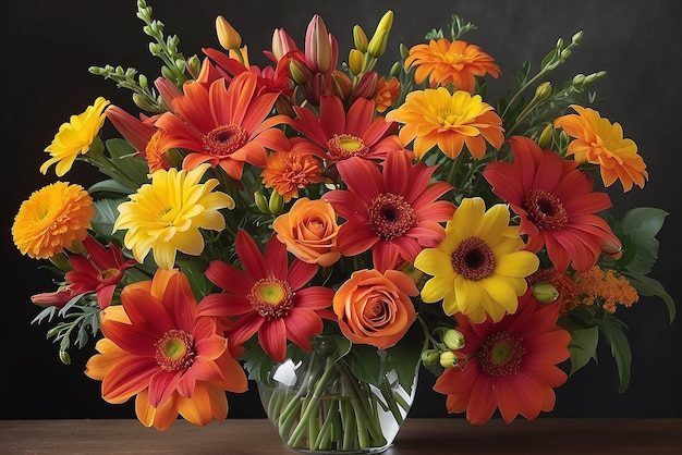 Un bouquet de fleurs rouge vif jaune et orange