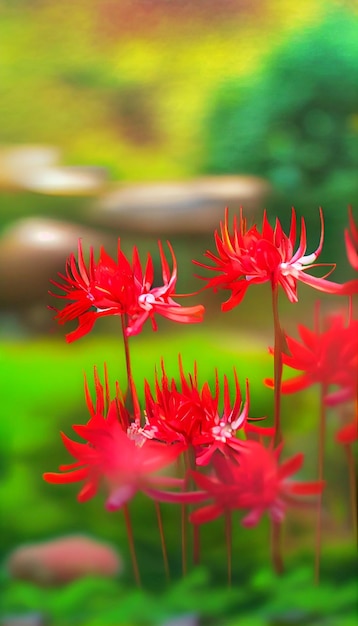 Bouquet de fleurs rouges assis au sommet d'un champ vert luxuriant ai génératif