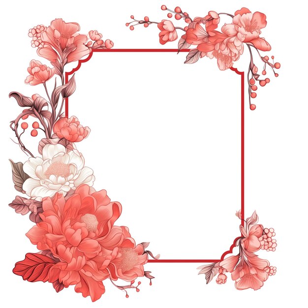 Bouquet de fleurs rouges sur cadre rouge pour carte d'invitation de mariage GenerativeAI style vintage floral rouge